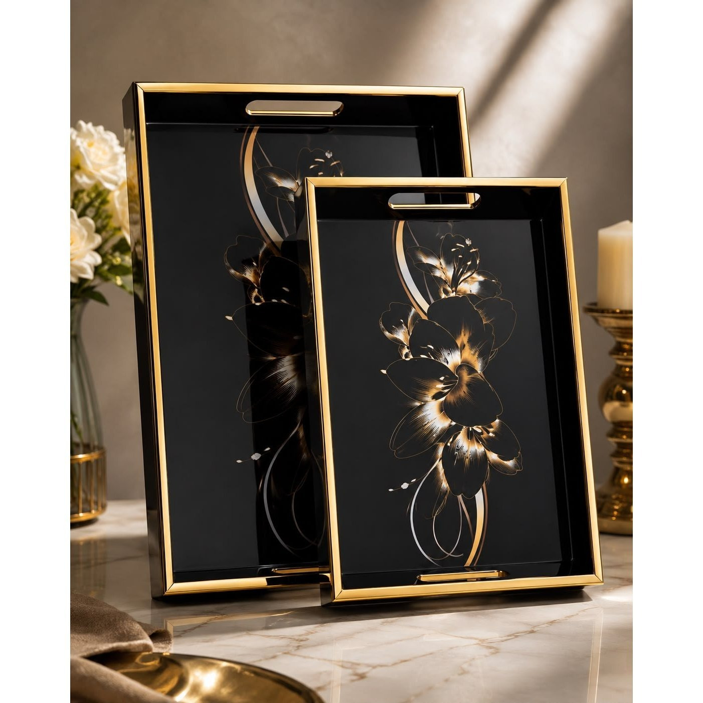 2-Piece Decorative Serving Tray Set with Gold Frame