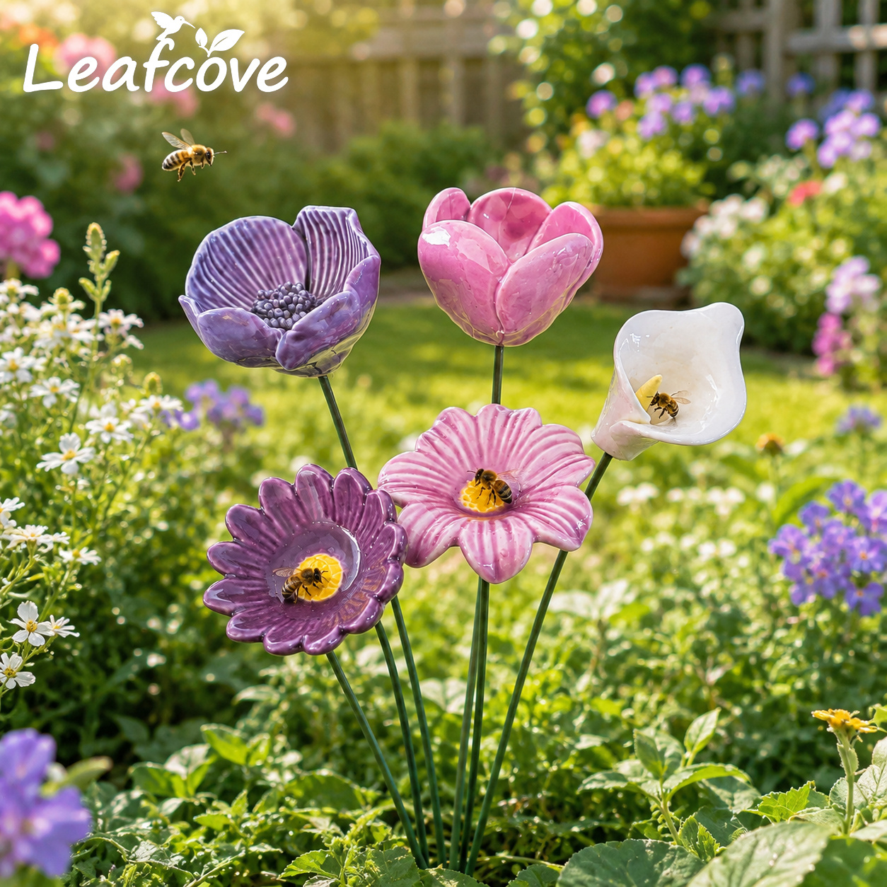 TEMU [3d]5pcs Ceramic Feeders, Glazed Feeding Cups, Handcrafted Outdoor Garden Decoration & Wild Bee Tray For Yard Patio Flower Bed
