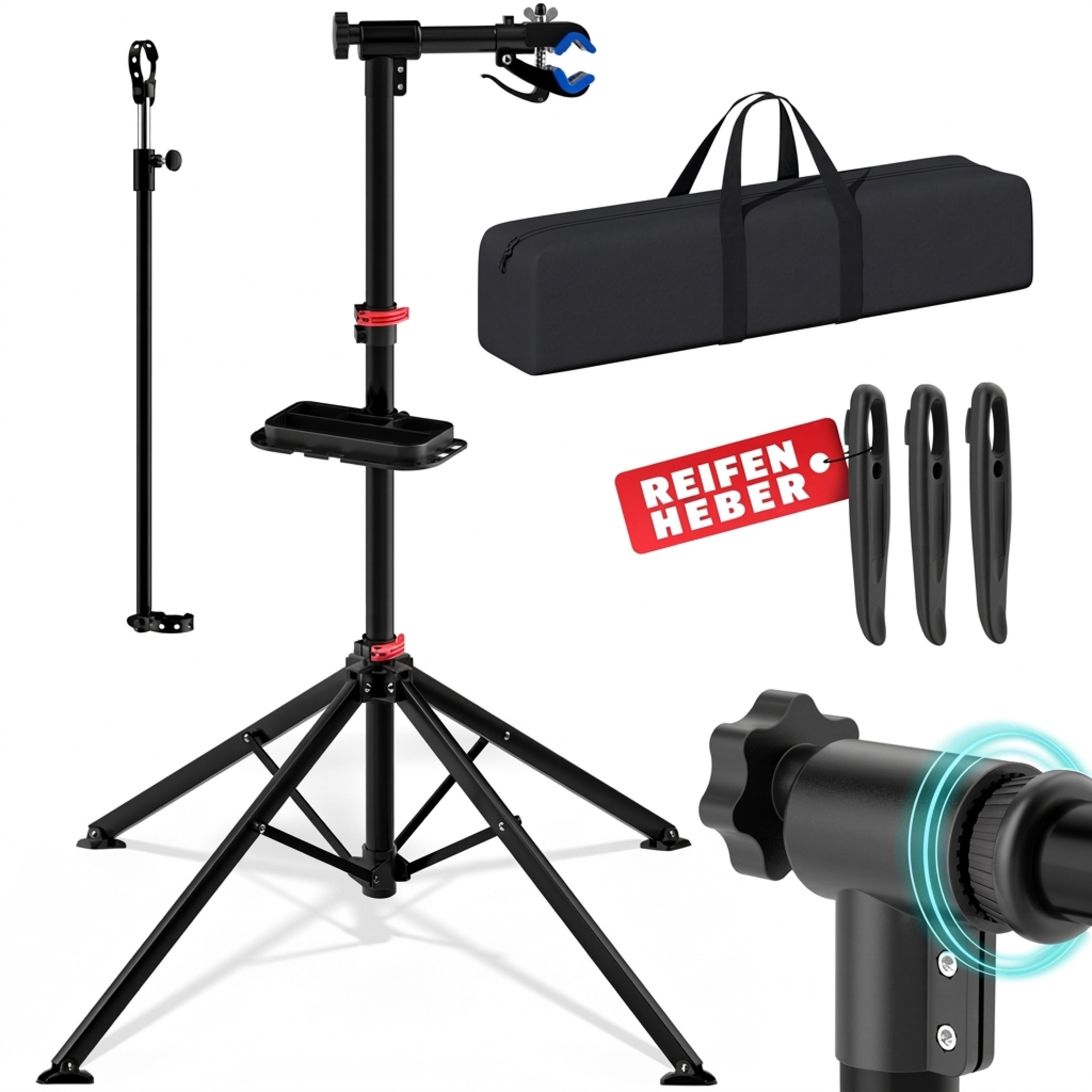 Image of Professional Bicycle Repair Stand, 30 Kg Capacity, With Carrying Bag, Tire Lever, Tool Holder, Foldable, Height-adjustable, Steel Construction