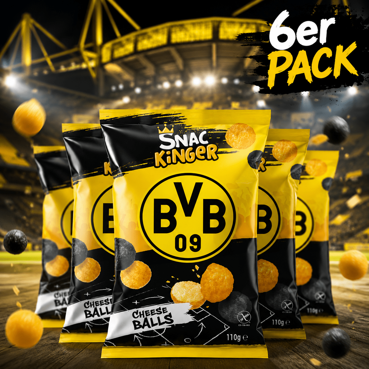 Image of 6er Bvb Cheeseballs - Crispy Cheese Balls With Cheese Flavor In Legendary Yellow Black | Merch - Official Borussia Dortmund Fan Snack, Football Snack For Matchdays, Parties & Public Viewing 6 Packs