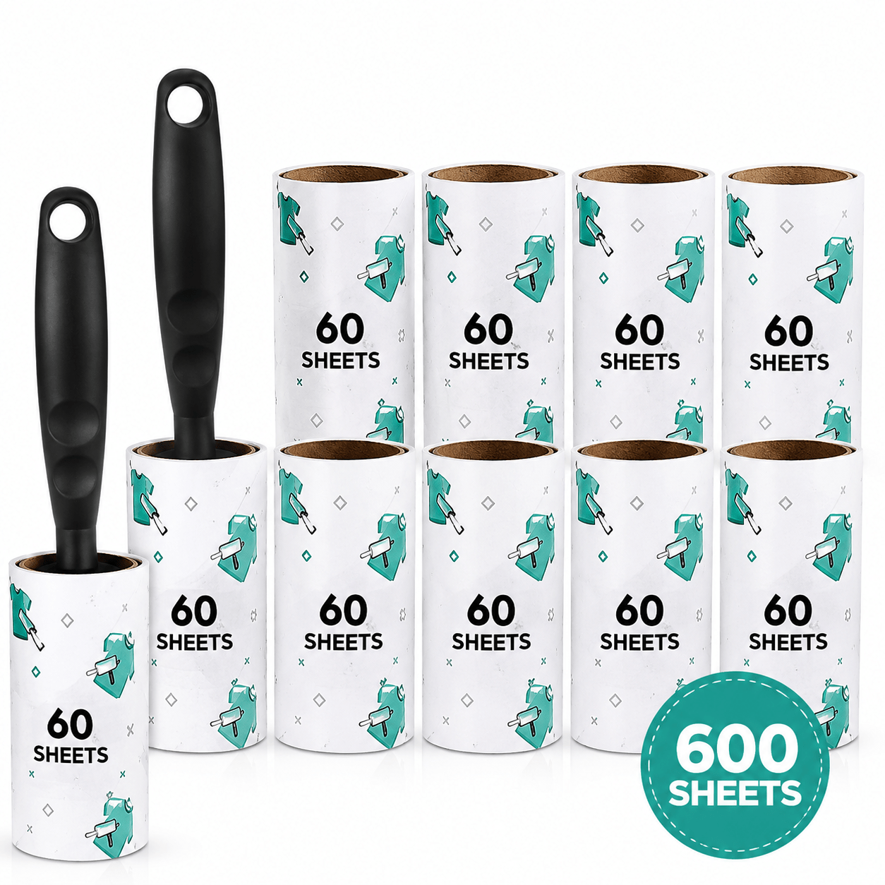 TEMU Lint Roller For Clothes & Pet Hair, 2 Handles With 10 Refill Rolls, 600 Sticky Sheets, & Fluff Remover For Sofa, Furniture, Bedding & Car