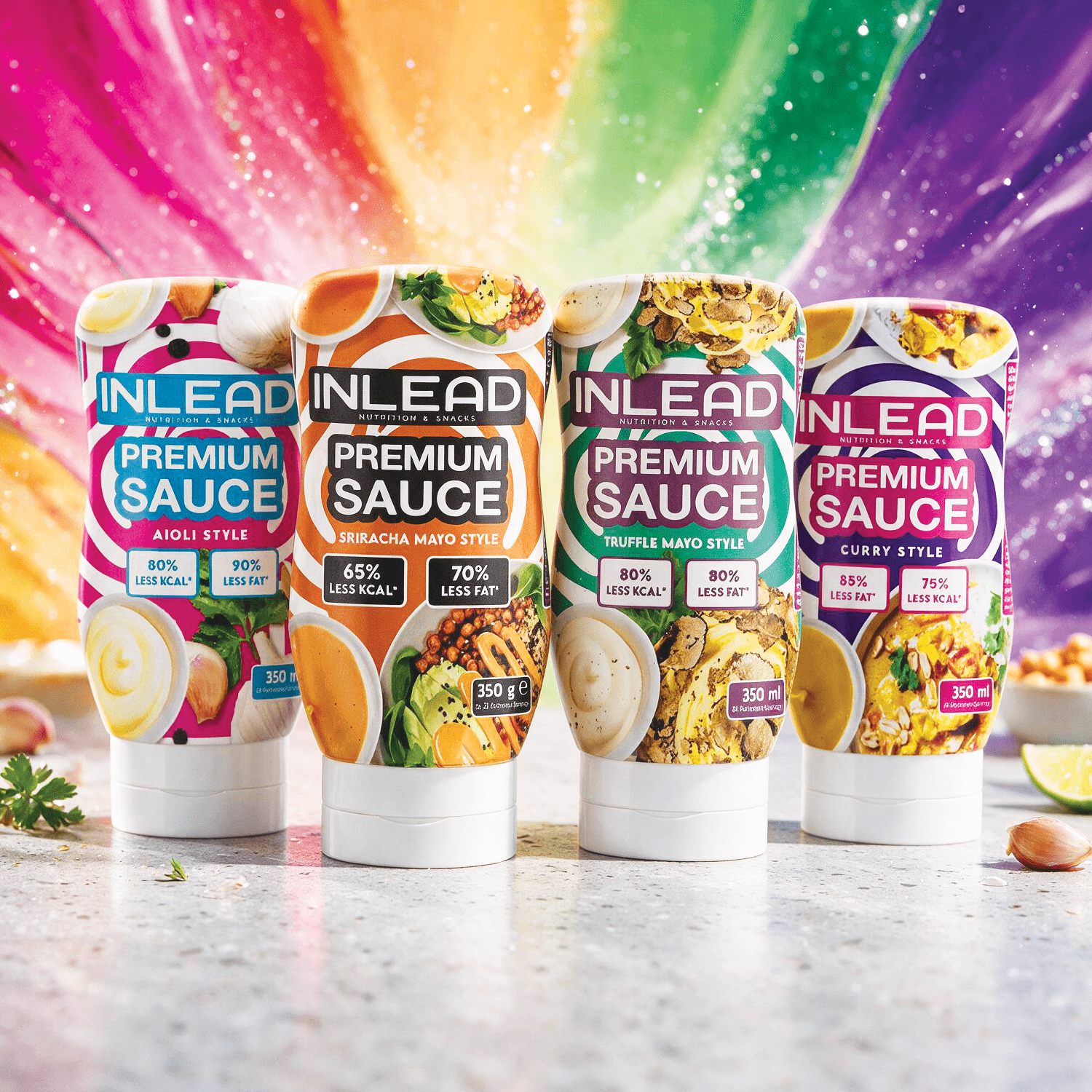 Image of 4er Mix Pack1 - Inlead Premium Sauce 4 X 350ml - 1x Aioli Style + 1x Sriracha Mayo Style + 1x Truffle Mayo Style + 1x Curry Style