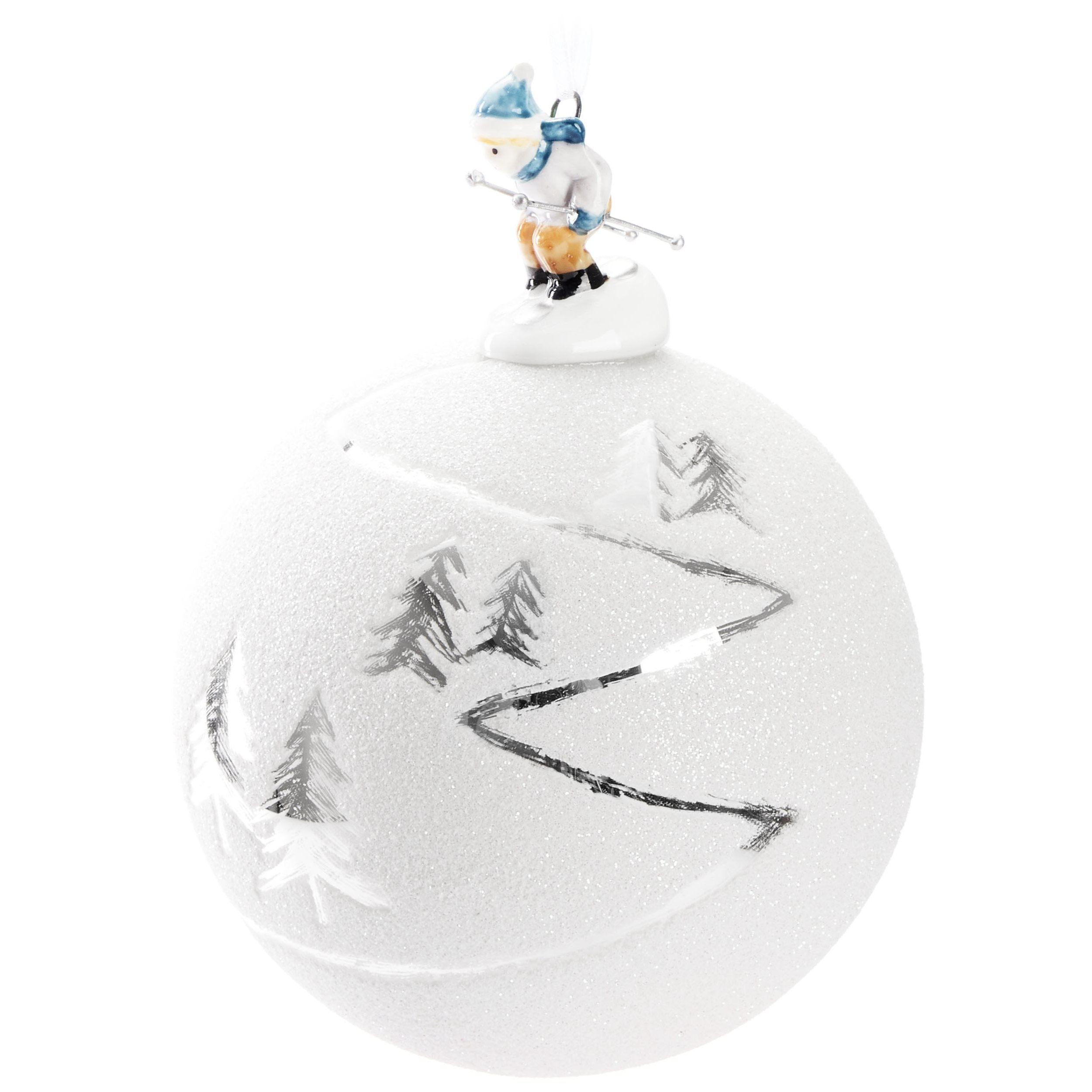 Image of Brubaker Premium Christmas Ornament - With Skier Porcelain Figure - Glitter White With Snowy Landscape And Fir Trees - 10 Cm Ornament - Handcrafted - Christmas Tree Ball