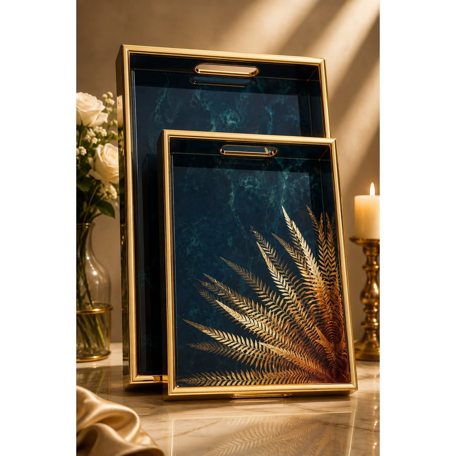 2-Piece Decorative Serving Tray Set with Gold Frame