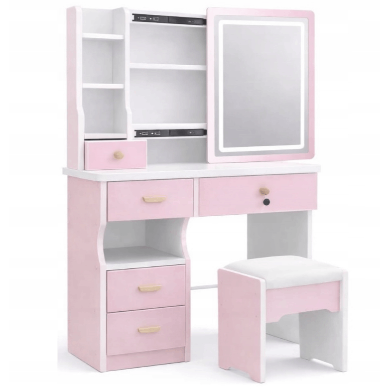 Image of Makeup Vanity With Mirror, Pink, Woman's Cosmetics + Stool