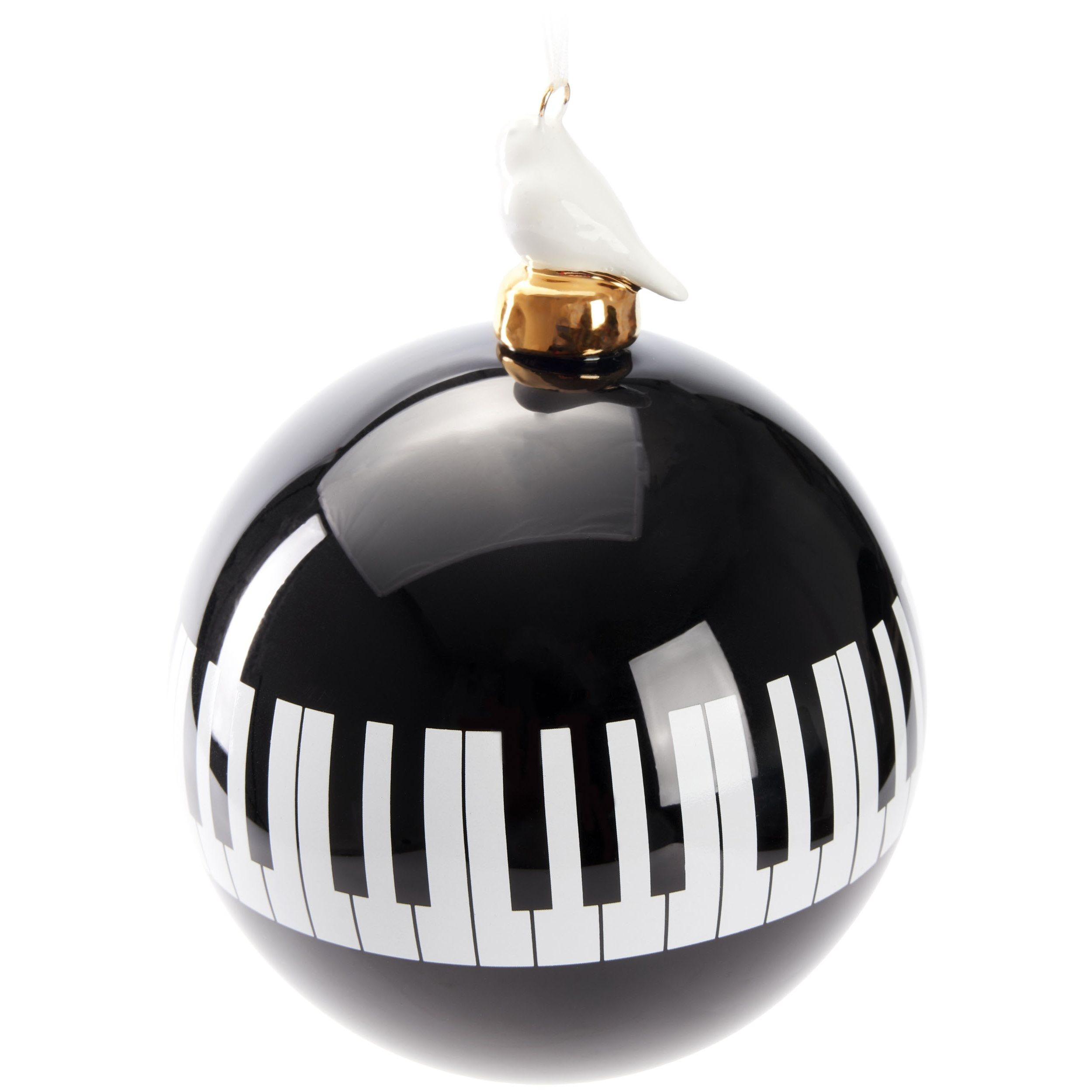 Image of Brubaker Premium Christmas Piano Ball - Black And White With Porcelain Bird Figure - 10 Cm Ornament - Christmas Tree Ball With Piano Keys For Musicians And Piano Players