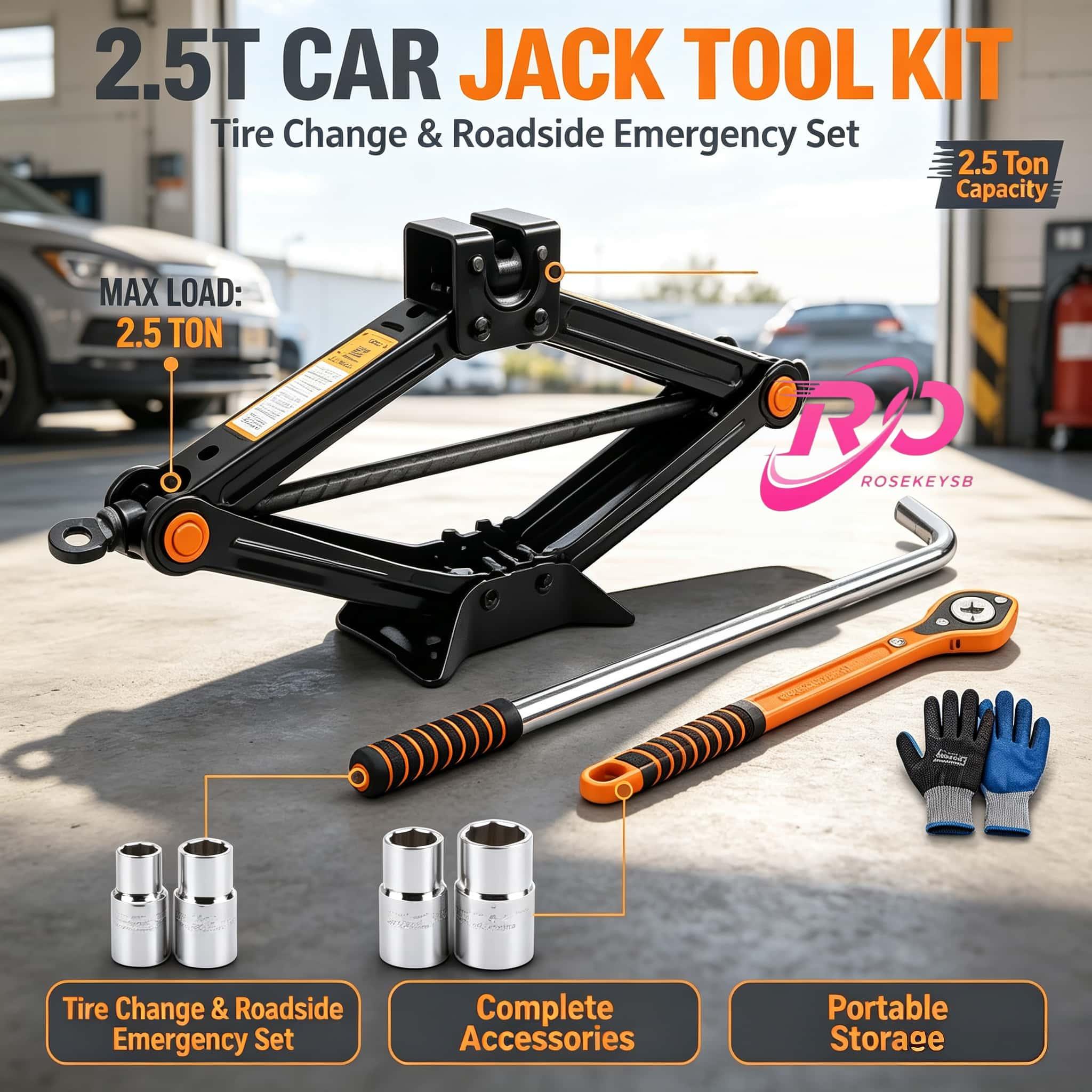 `heavy‑duty 2.5t Scissor Jack Auto Tool Set, 5‑in‑1 Mechanical Car Tire Removal Kit, Labor‑ Ratchet Wrench, Sockets & Work Gloves, Portable Vehicle Lifting Gear For Garage & Road Use`
