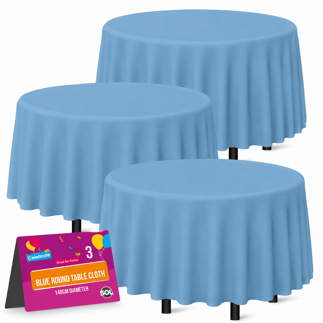 TEMU 3 Pack Blue Table Cloth | 140cm 55 Inch Round Table Cloths | 25 Micron Plastic Table Covers | Blue Round Tablecloth For Birthday, Wedding,