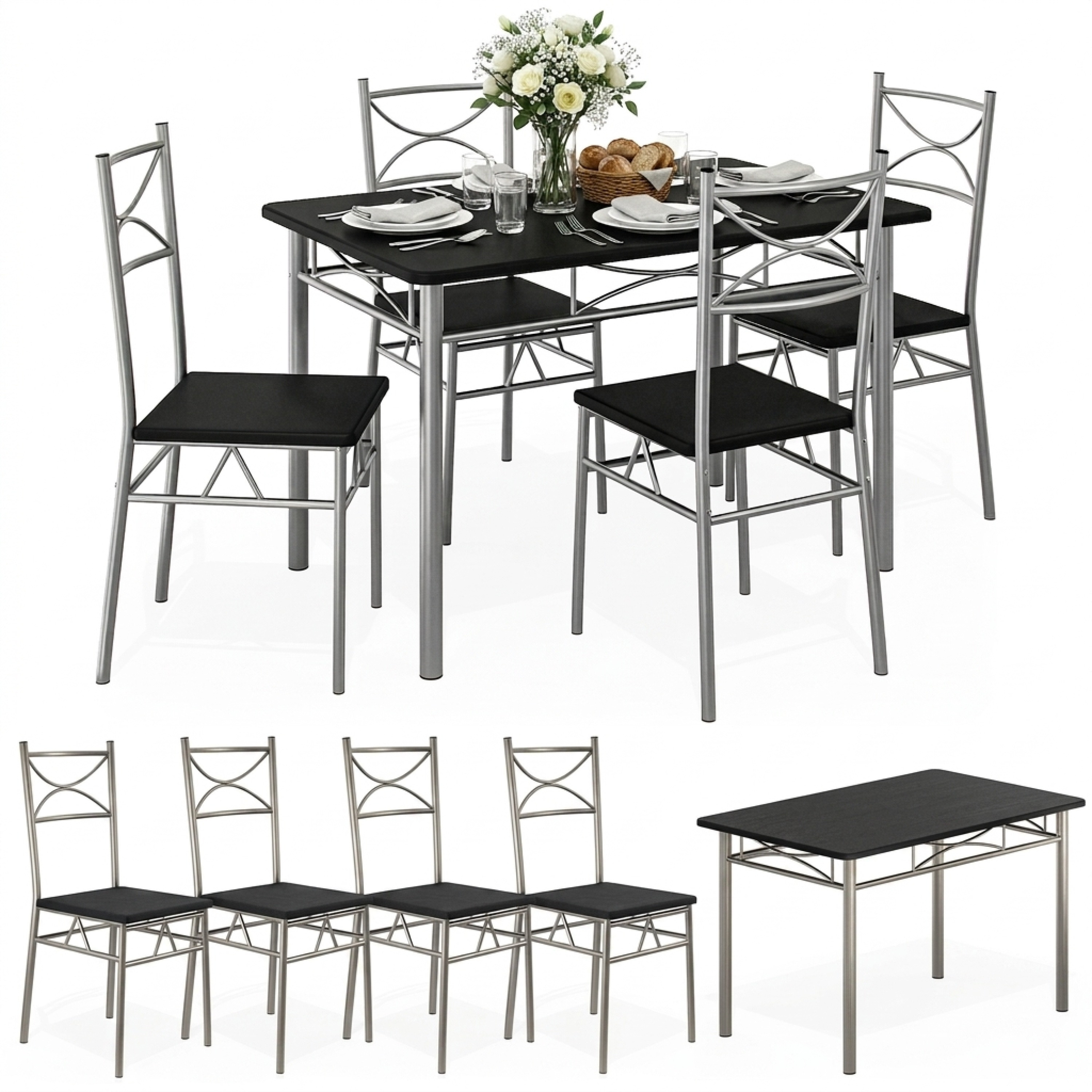 Image of Dining Table With 4 Chairs Black 5pcs Set, 110x70cm, Wood, Metal, Industrial, Dining Group, Seating Group, Modern, Dining Room, Kitchen, Furniture, Table, Chairs, Indoor