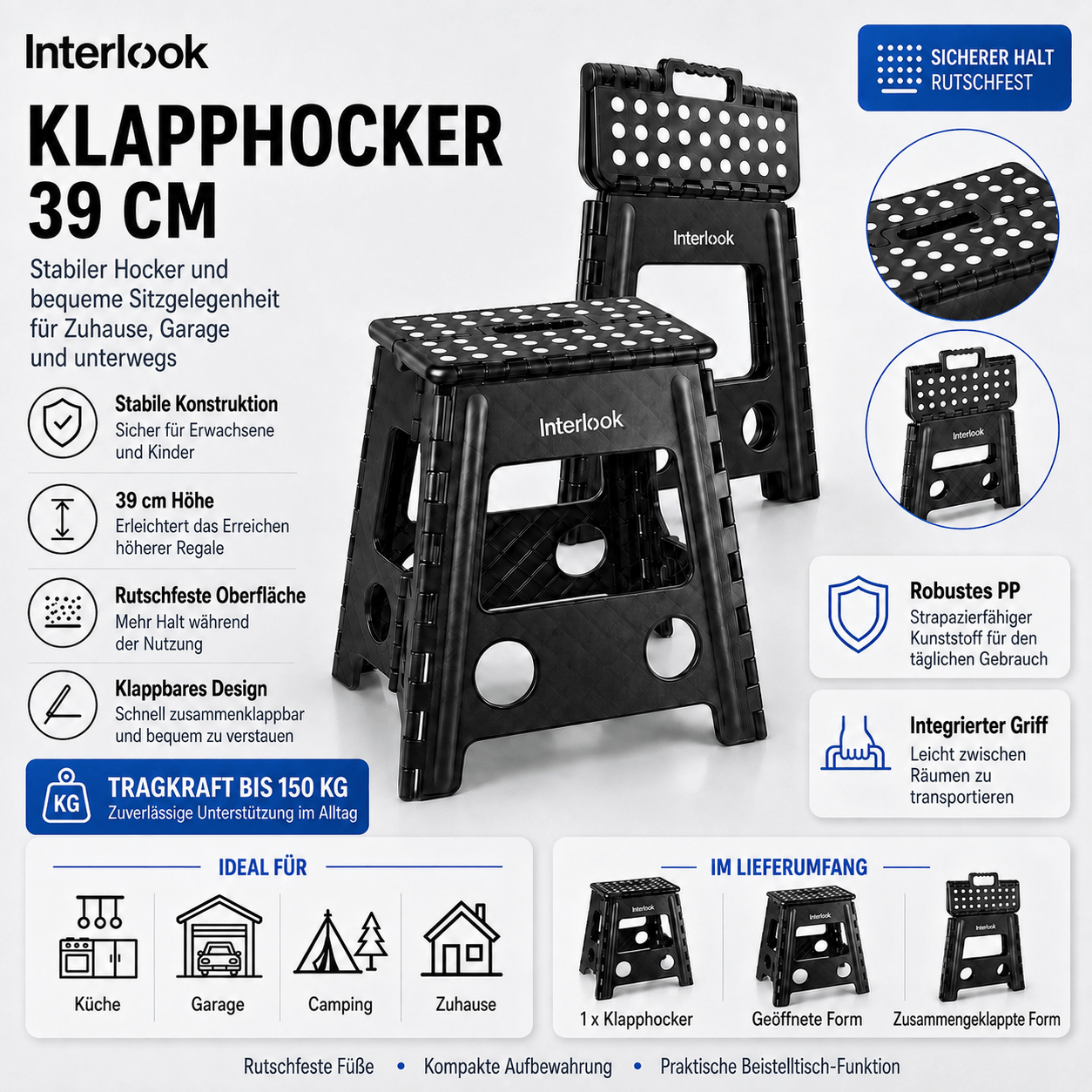 Folding Step Stool 39 Cm, Non-slip, Black, 150 Kg Capacity