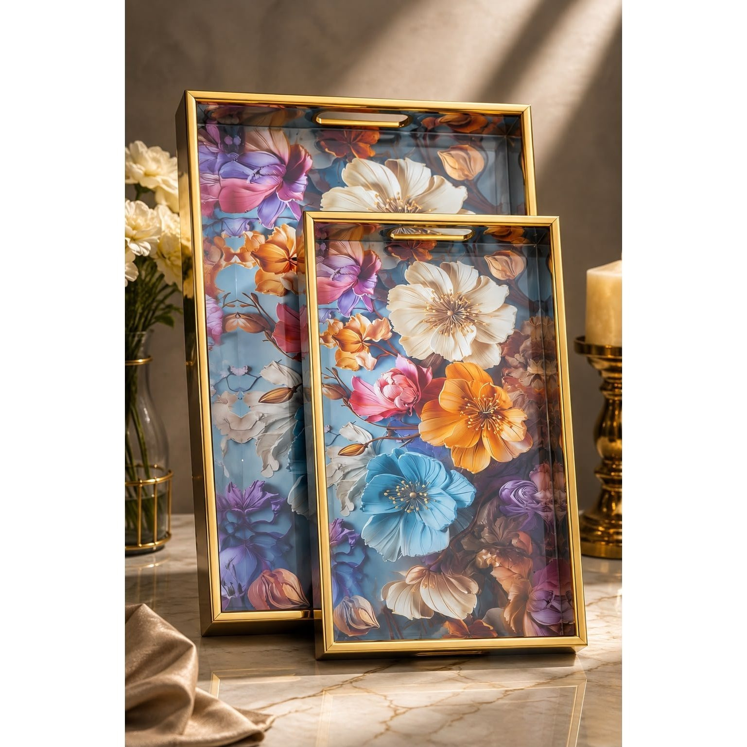 2-Piece Decorative Serving Tray Set with Gold Frame