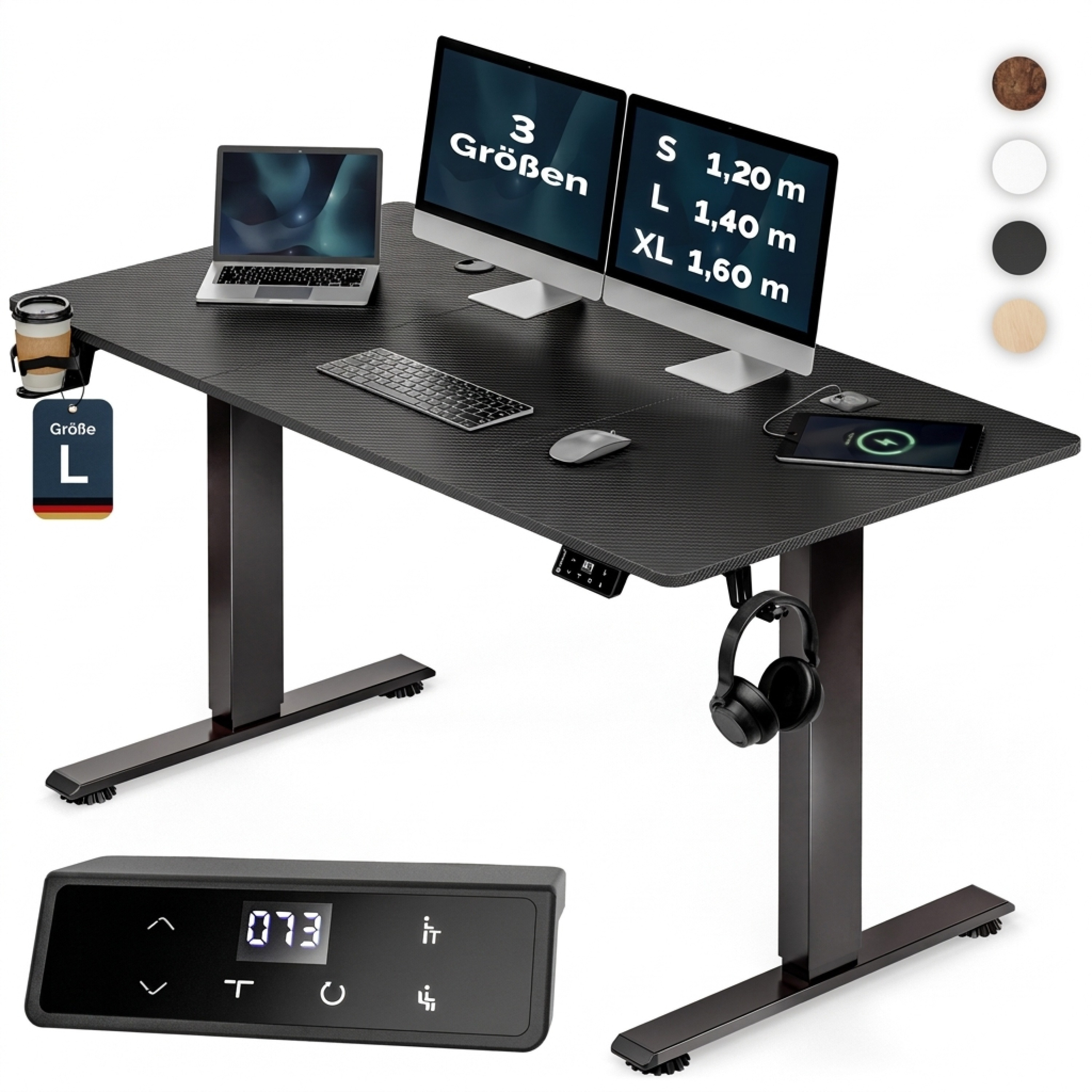 Image of Height-adjustable Electric Desk 140 X 70 Cm 80 Kg Loadable Wireless Charger & Usb-c/a Connection Lcd Display Memory Function, Ergonomic Carbon Optic