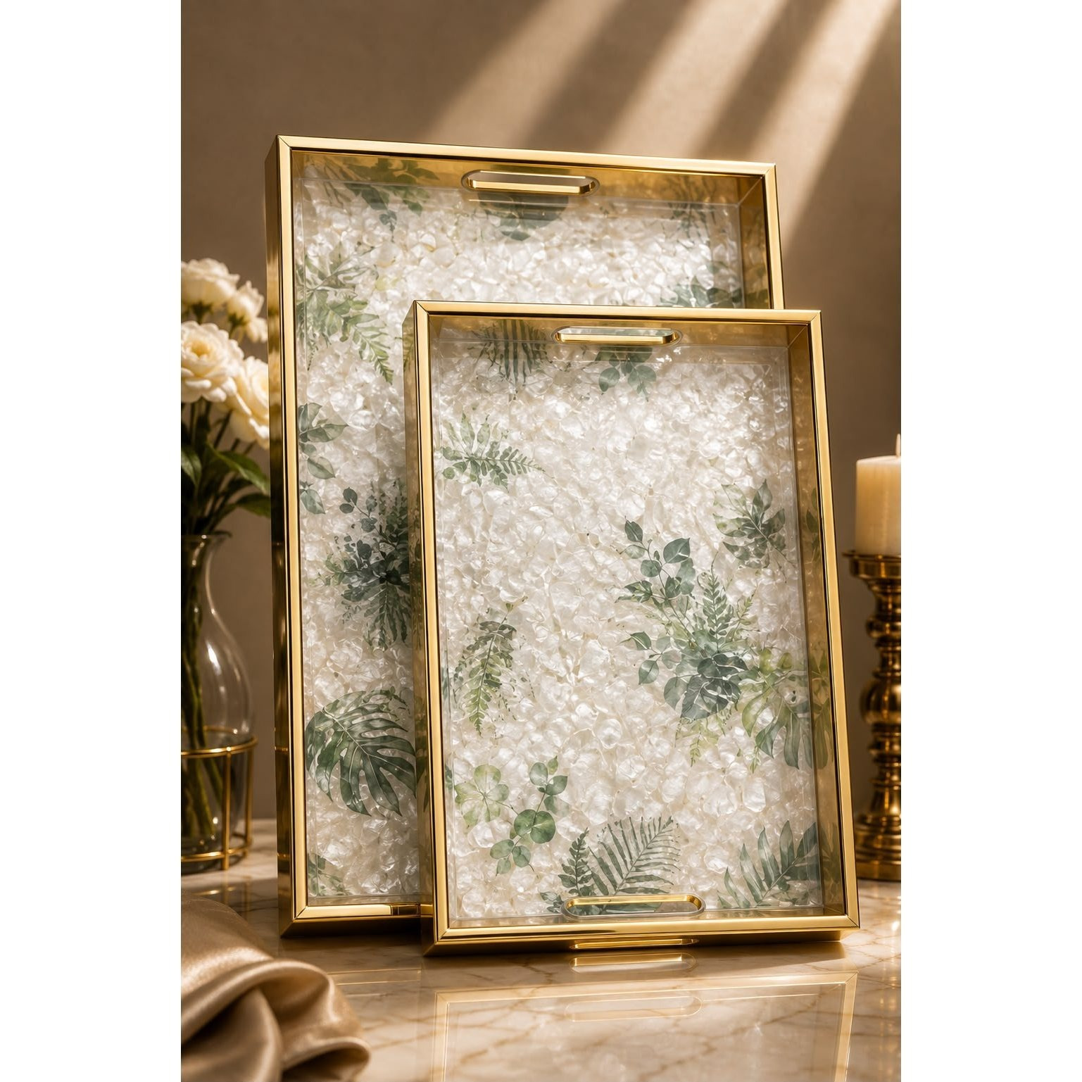 2-Piece Decorative Serving Tray Set with Gold Frame