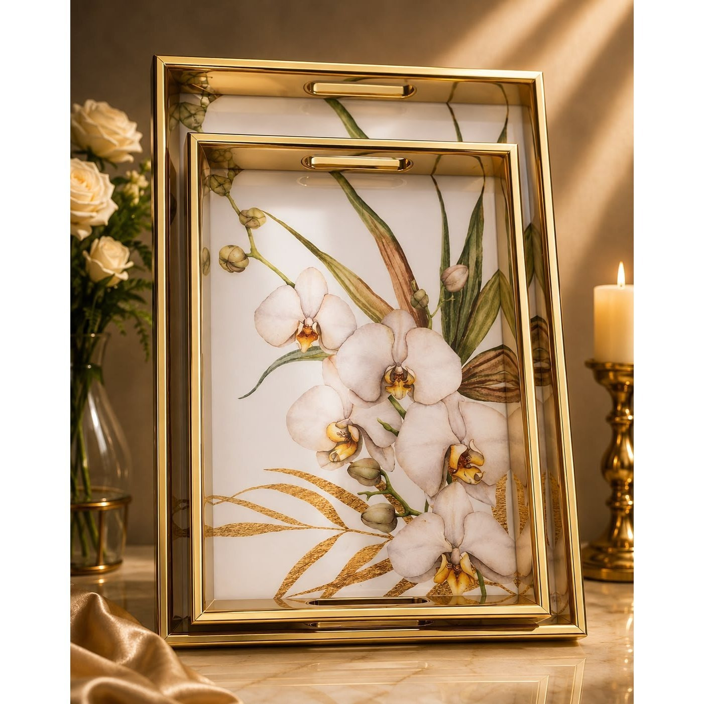 2-Piece Decorative Serving Tray Set with Gold Frame