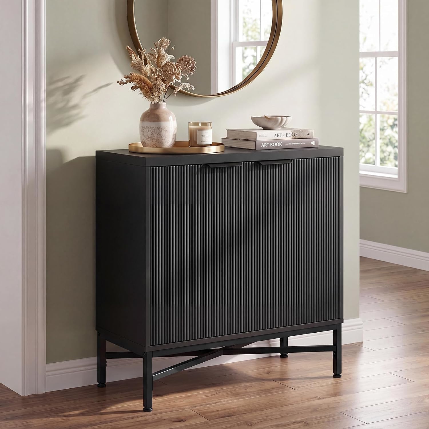 Image of Wooden Fluted Sideboard, Buffet Cabinet With 2 Doors, Cabinet With Adjustable Shelf, Console Table For Living Room