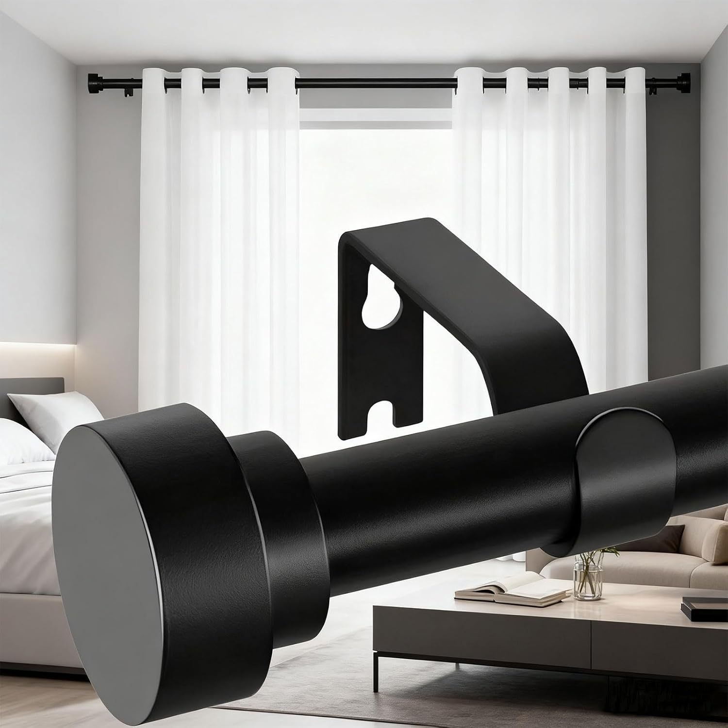 Image of Adjustable Extendable Carbon Steel Curtain Rod, Heavy‑duty Window Curtain Pole With Mounting Kits