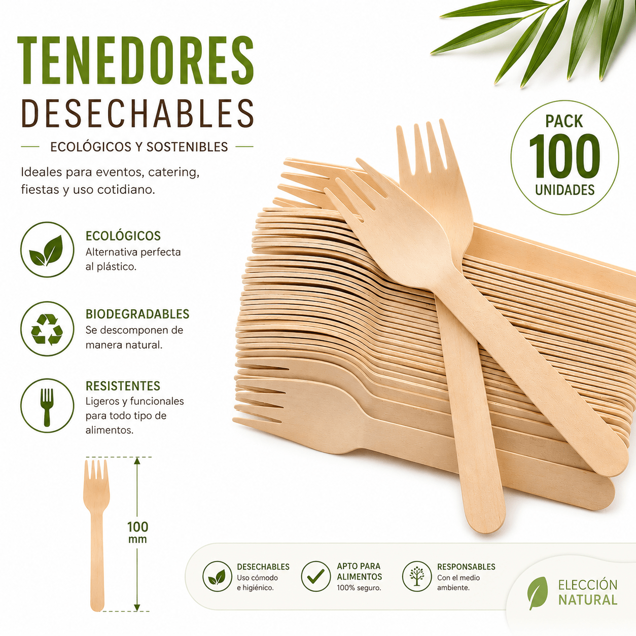 TEMU Pack 100 Unidades tenedores de madera de 100 mm. 100% naturales, biodegradables y compostables.