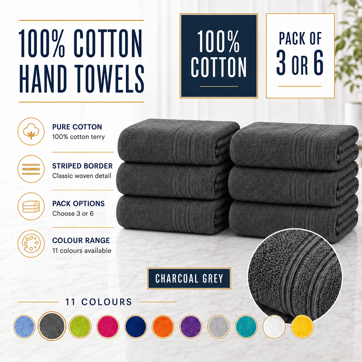 TEMU 100% Cotton Hand Towels | 3 Or 6 Pack | Luxury Towels With Striped Border | 11 Colours | Washable Bathroom Kitchen Guest & Everyday Hand Towels