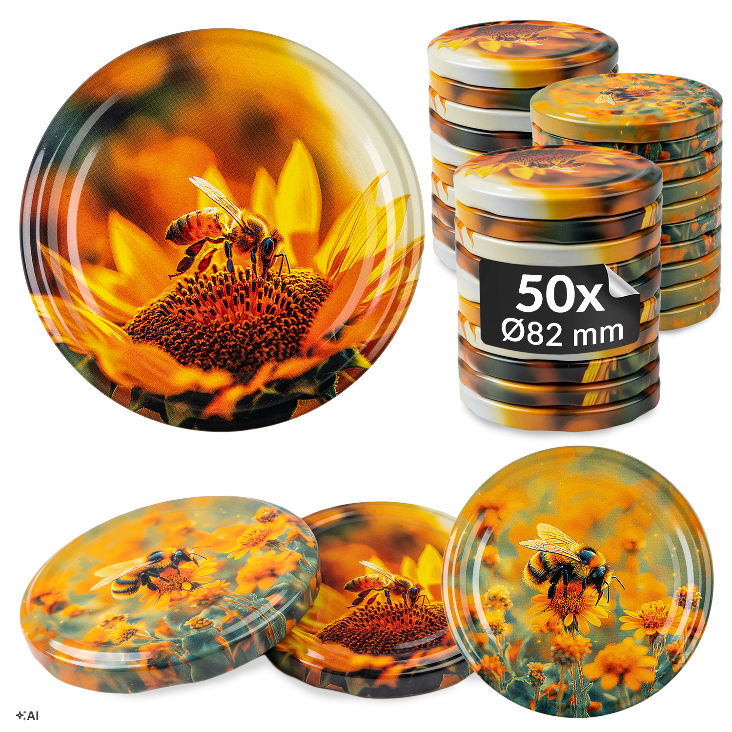 10/50/100 Pcs. Ø 82 Mm Jar Lids, Mixed Bee Pattern - 6-clamp Lids For Jars And Canning - Perfect For Canning And Pasteurization
