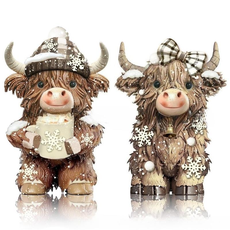 TEMU 2pcs 2d Flat Winter Snowflake Highland Cow Ornaments, Highland Cow Christmas Elf Statues, Desktop Home Decoration Ornaments, Christmas