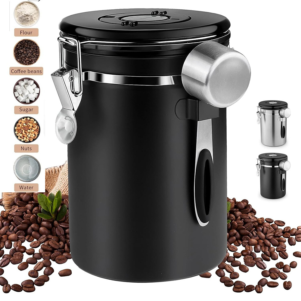 Airtight Coffee Canister Made Of Stainless .8 L Coffee Bean Storage Container With Spoon And Timer Storage Container With Lid For Coffee Tea Nuts Black