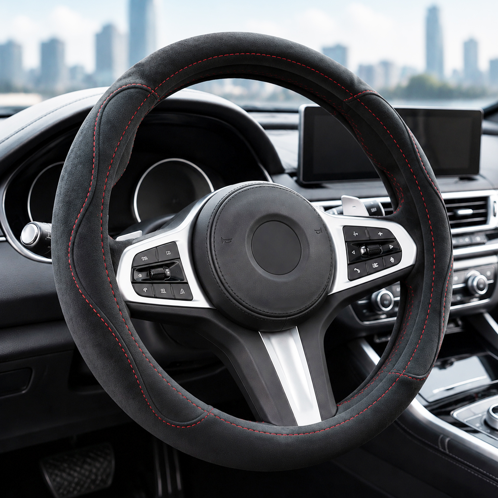 TEMU 1 Pieza para Volante de Coche Universal de 37–39,5 cm, Cubre Volante de Microfibra Tipo Gamuza con Costuras , Antideslizante, Acolchada y