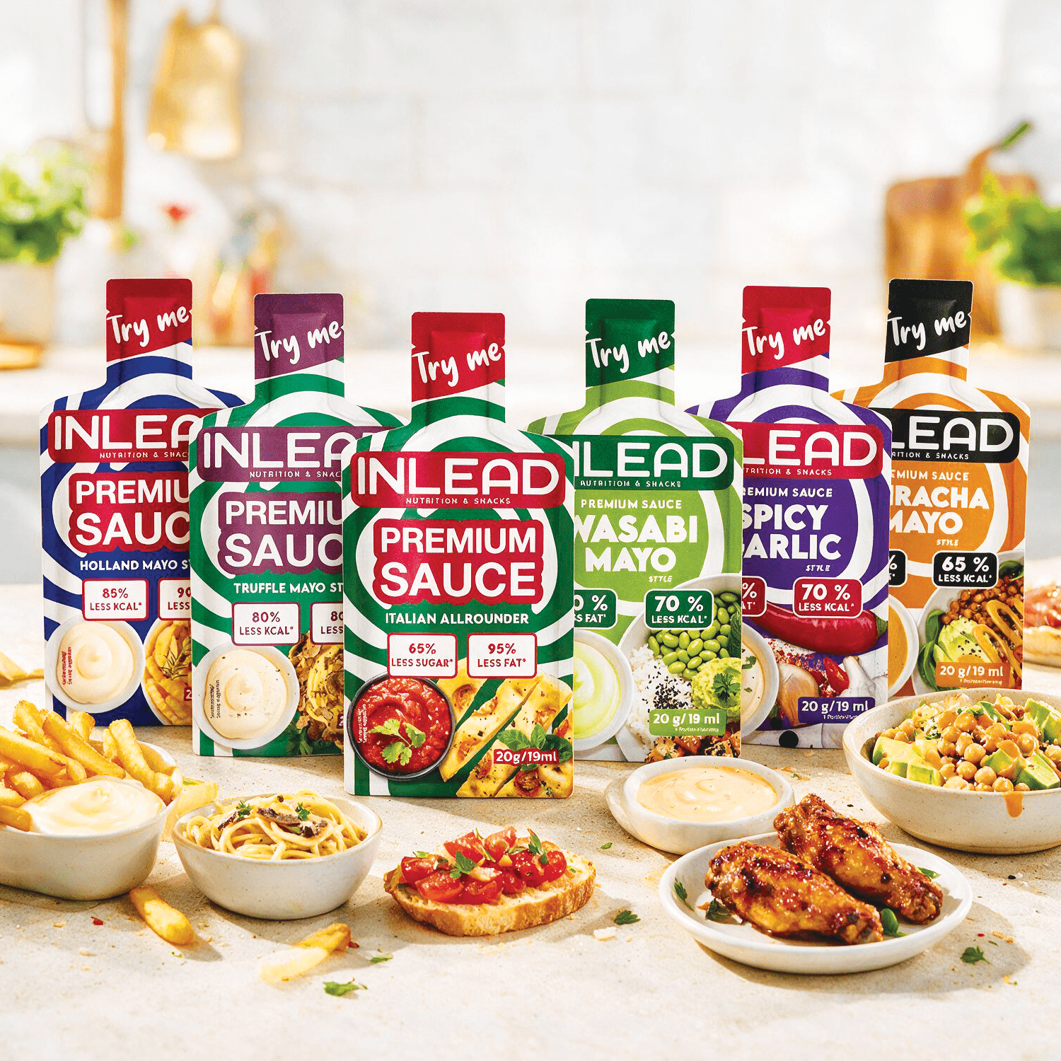 Image of 6er Mix Pack - Inlead Premium Sauce Probe 6x19ml - 1x Sriracha Mayo Style + 1x Wasabi Mayo Style + 1x Truffle Mayo Style + 1x Spicy Garlic Style + 1x Italian Allrounder + 1x Holland Mayo Style