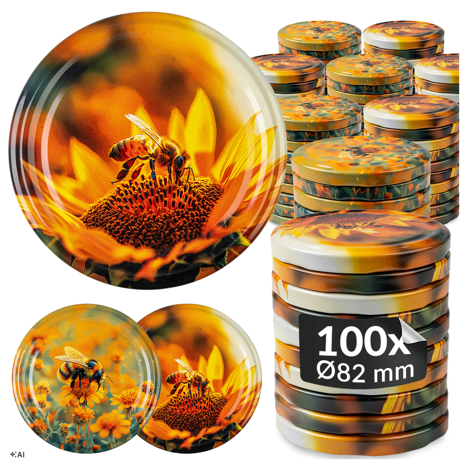 10/50/100 Pcs. Ø 82 Mm Jar Lids, Mixed Bee Pattern - 6-clamp Lids For Jars And Canning - Perfect For Canning And Pasteurization