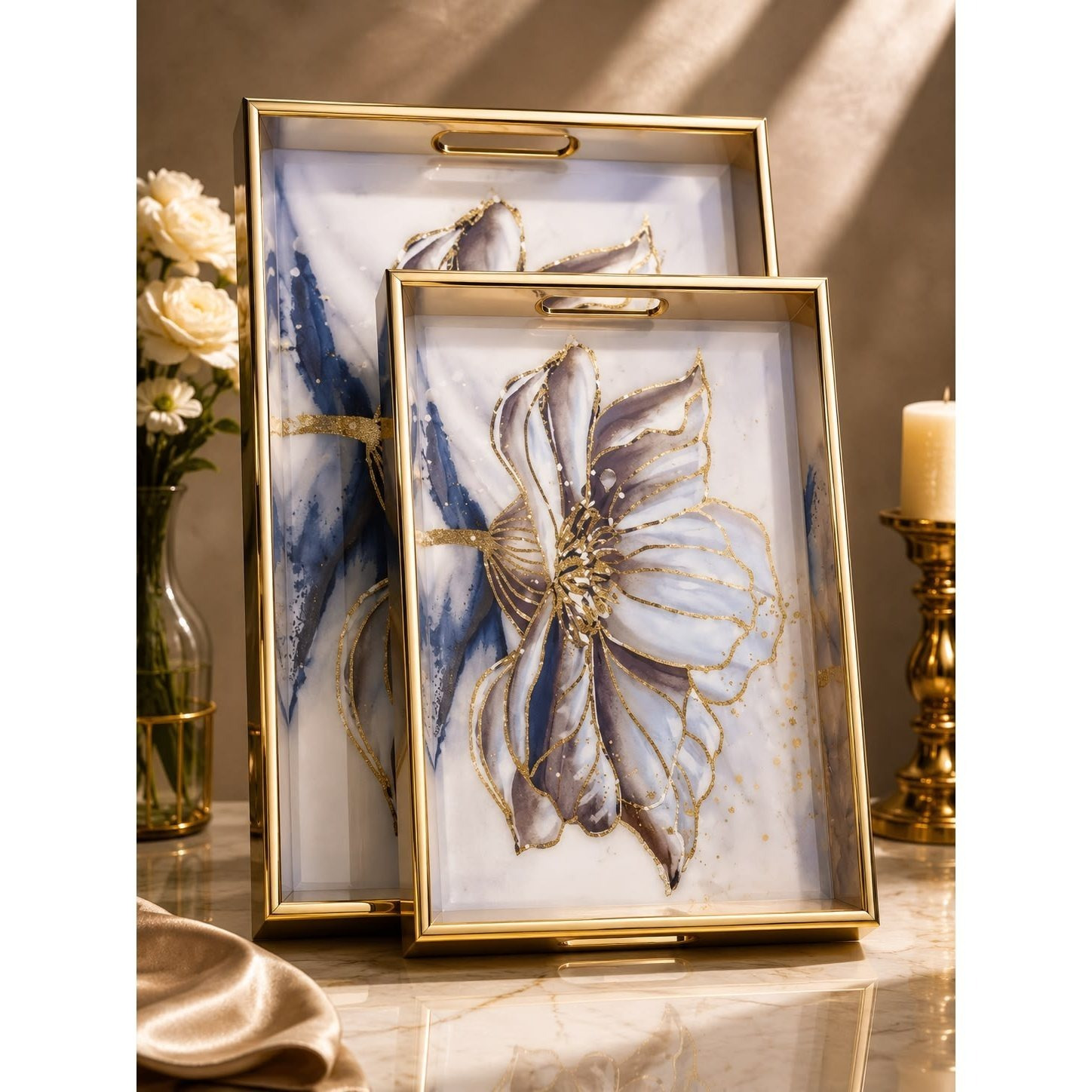 2-Piece Decorative Serving Tray Set with Gold Frame