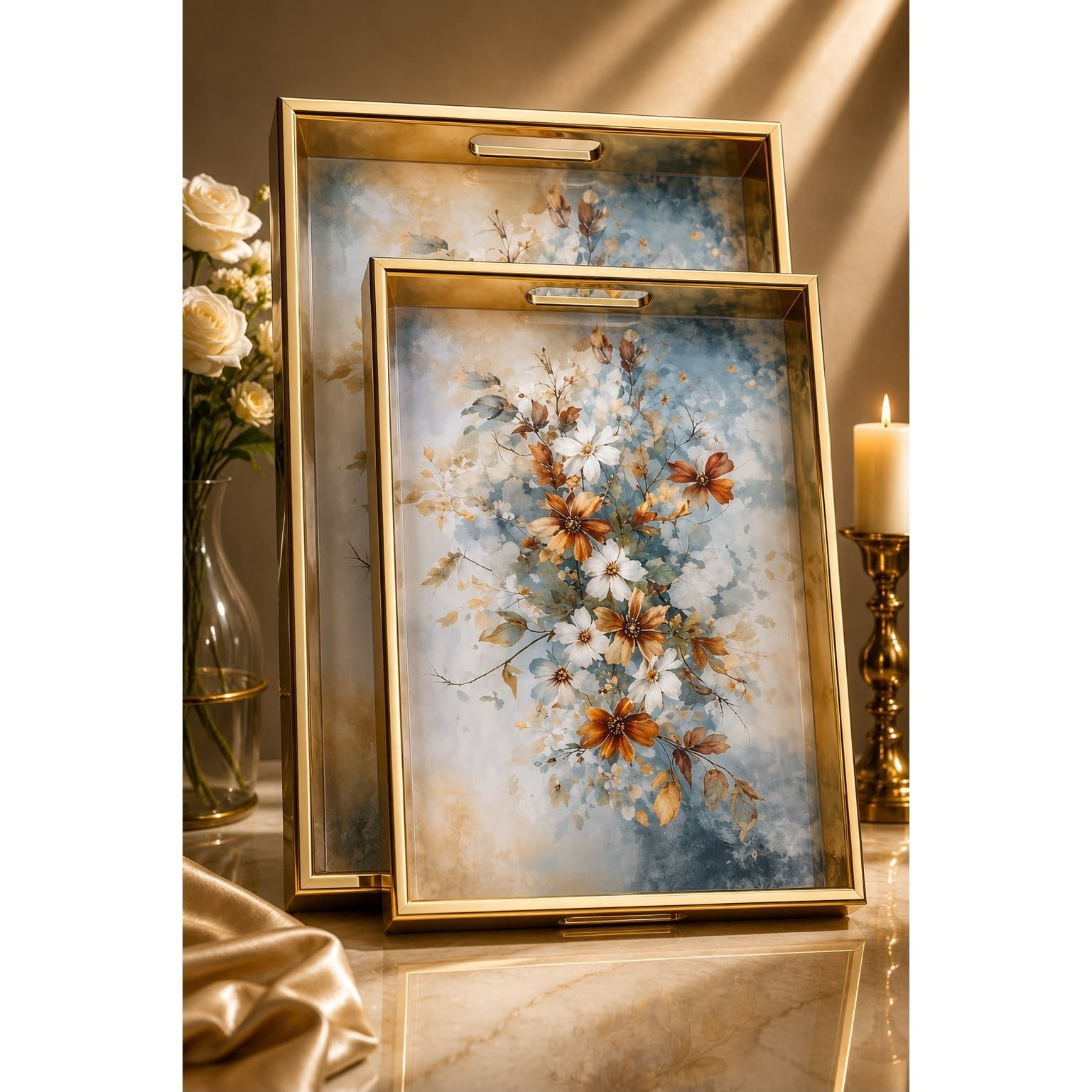2-Piece Decorative Serving Tray Set with Gold Frame