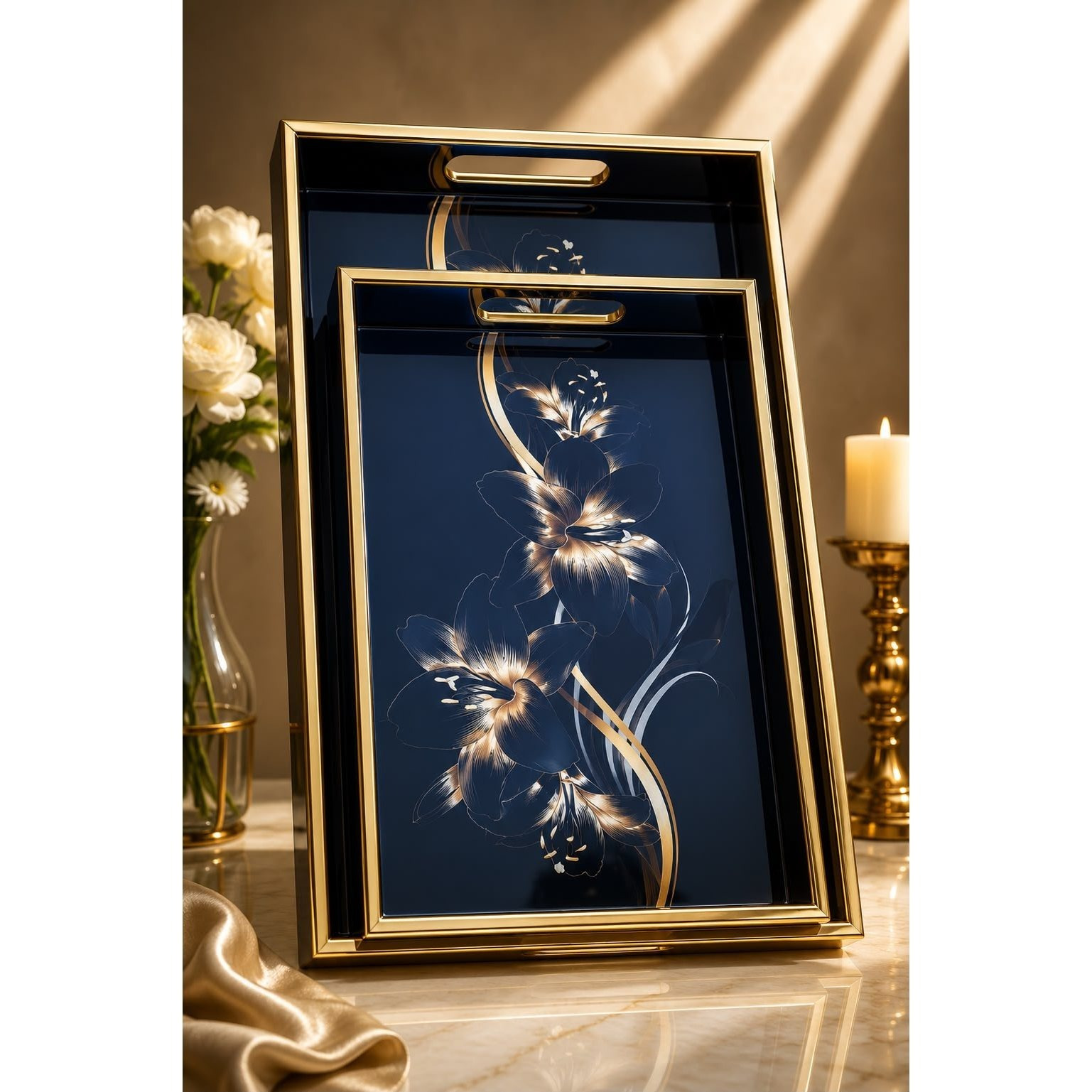 2-Piece Decorative Serving Tray Set with Gold Frame