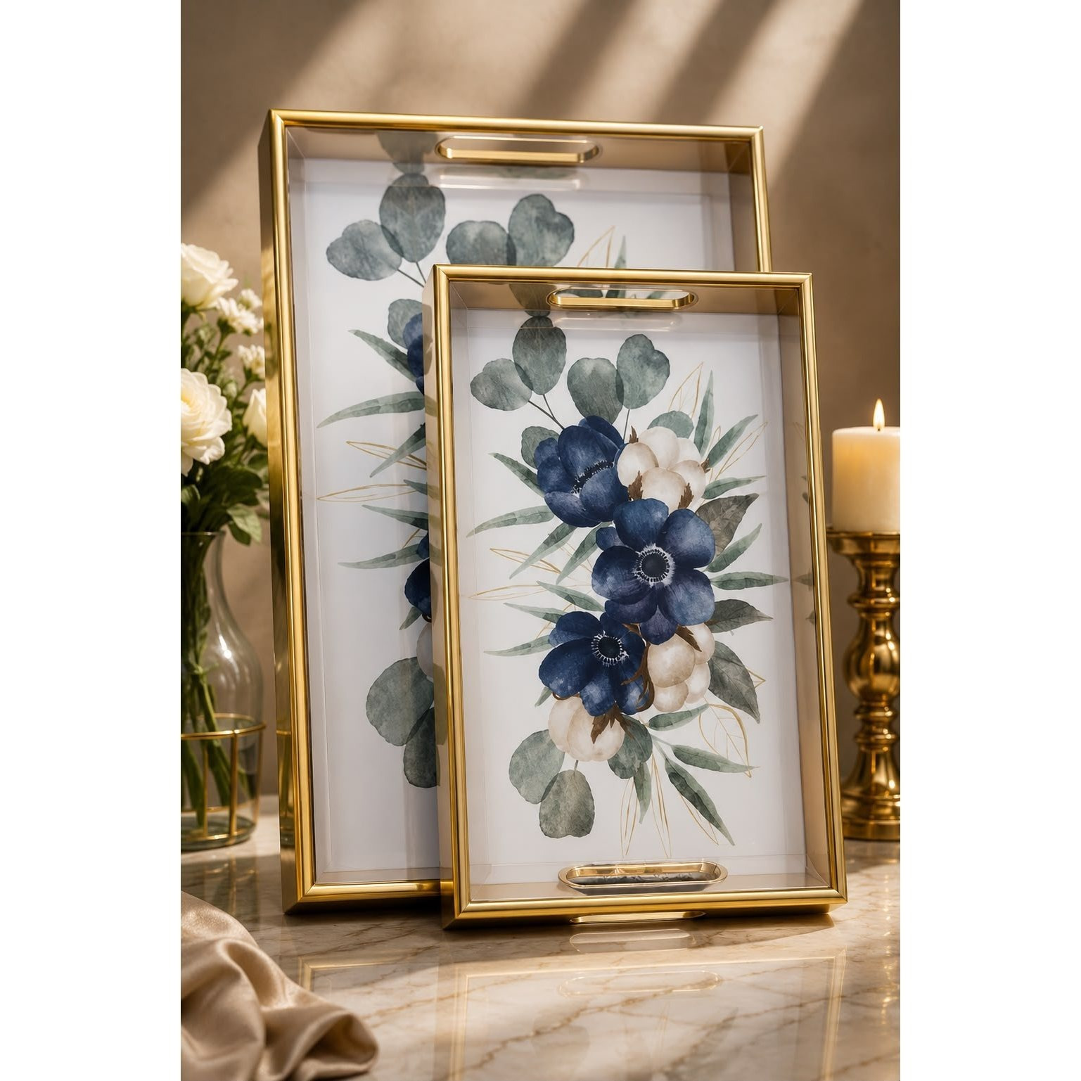 2-Piece Decorative Serving Tray Set with Gold Frame