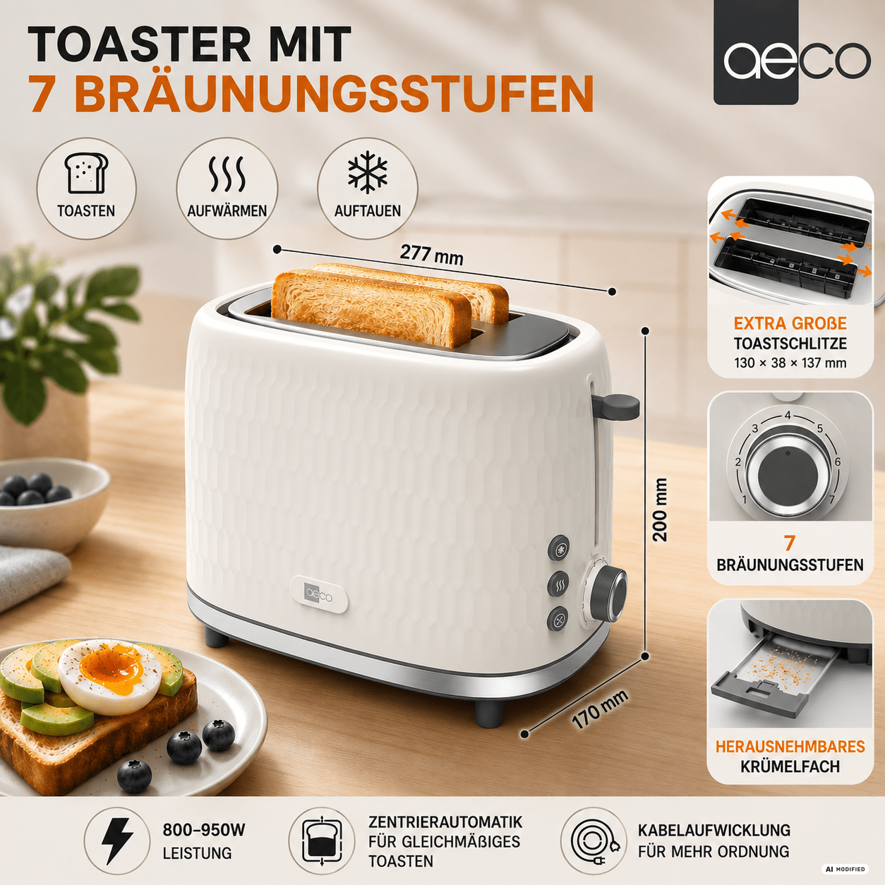 Aeco Toastlab 1 Toaster 2 Slices, 38 Mm Extra Wide Slots, 7 Browning Levels, 950 W, Defrost & Reheat Function, Lift Function, Automatic Shut-off, Bread Centering, Crumb Tray