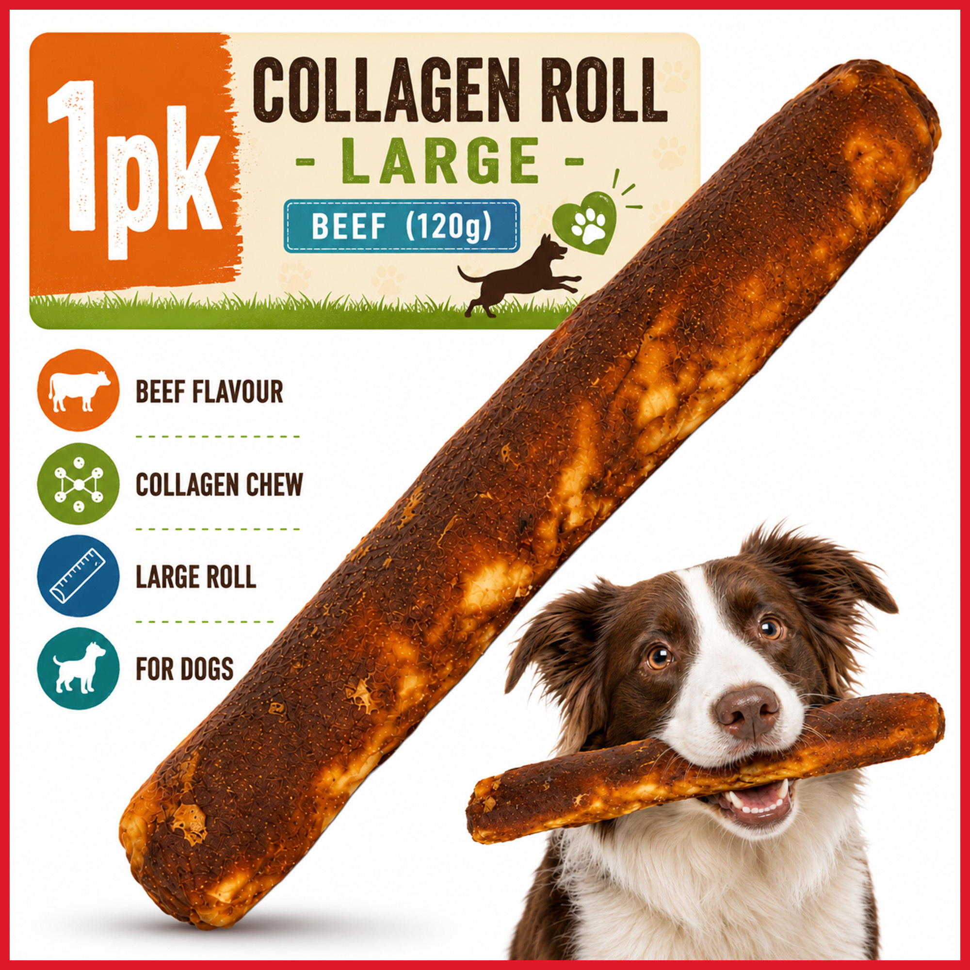 TEMU 1 Pack Large Dog Chew | 120g Beef Flavour Collagen Dog Chew Roll | 25cm Dog Treat For Large Dogs | Beef Dog Treats, Dog Chews & Reward Snacks