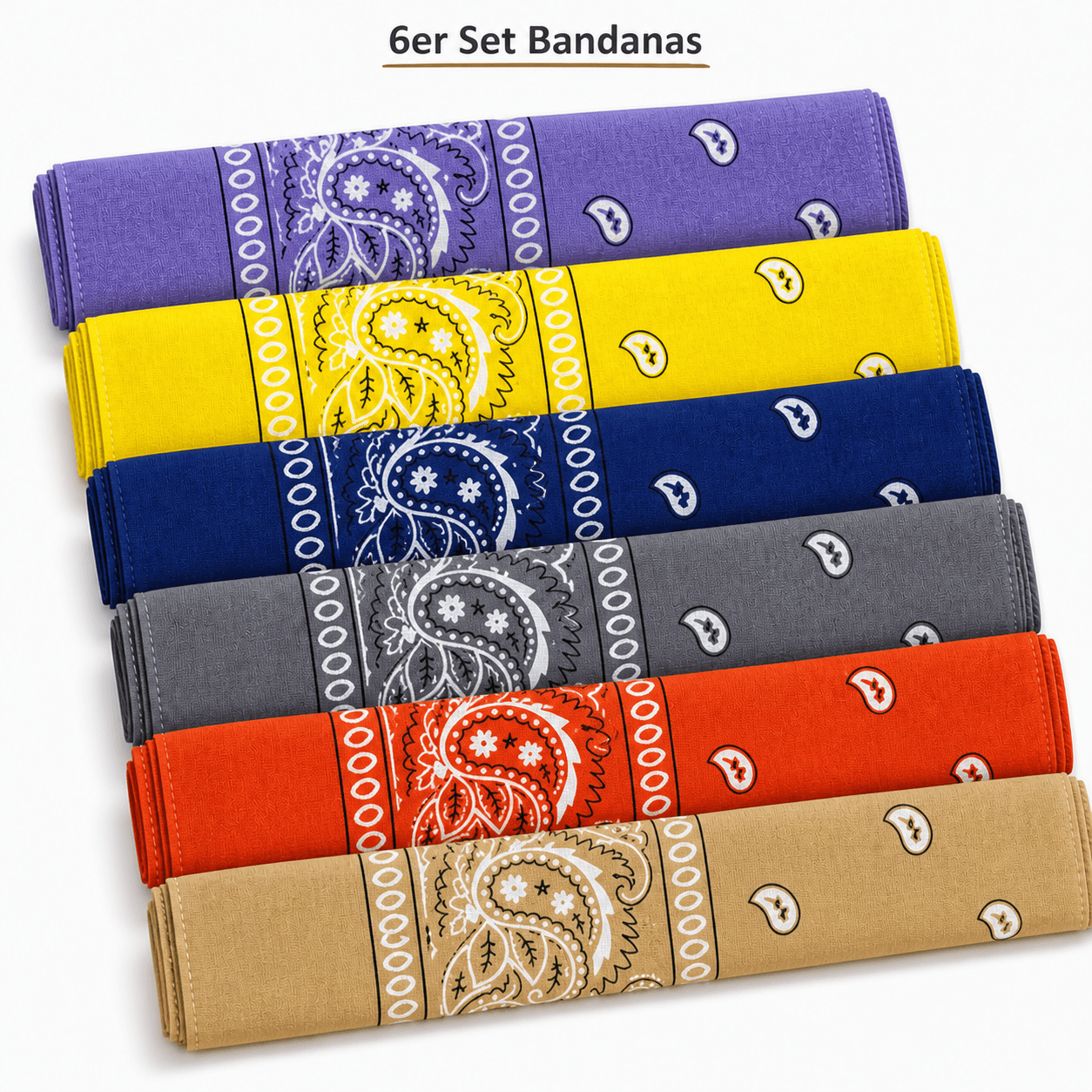 Image of 6-piece Set Of 55 × 55 Cm 100% Cotton Bandanas – Paisley Scarves In Purple, Yellow, Blue, Gray, Orange, And Beige, Versatile, Unisex