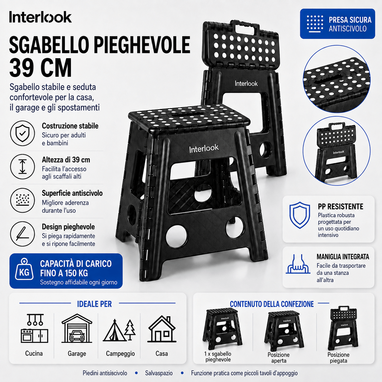 TEMU Sgabello Pieghevole a Piedistallo 39 cm Antiscivolo 150Kg
