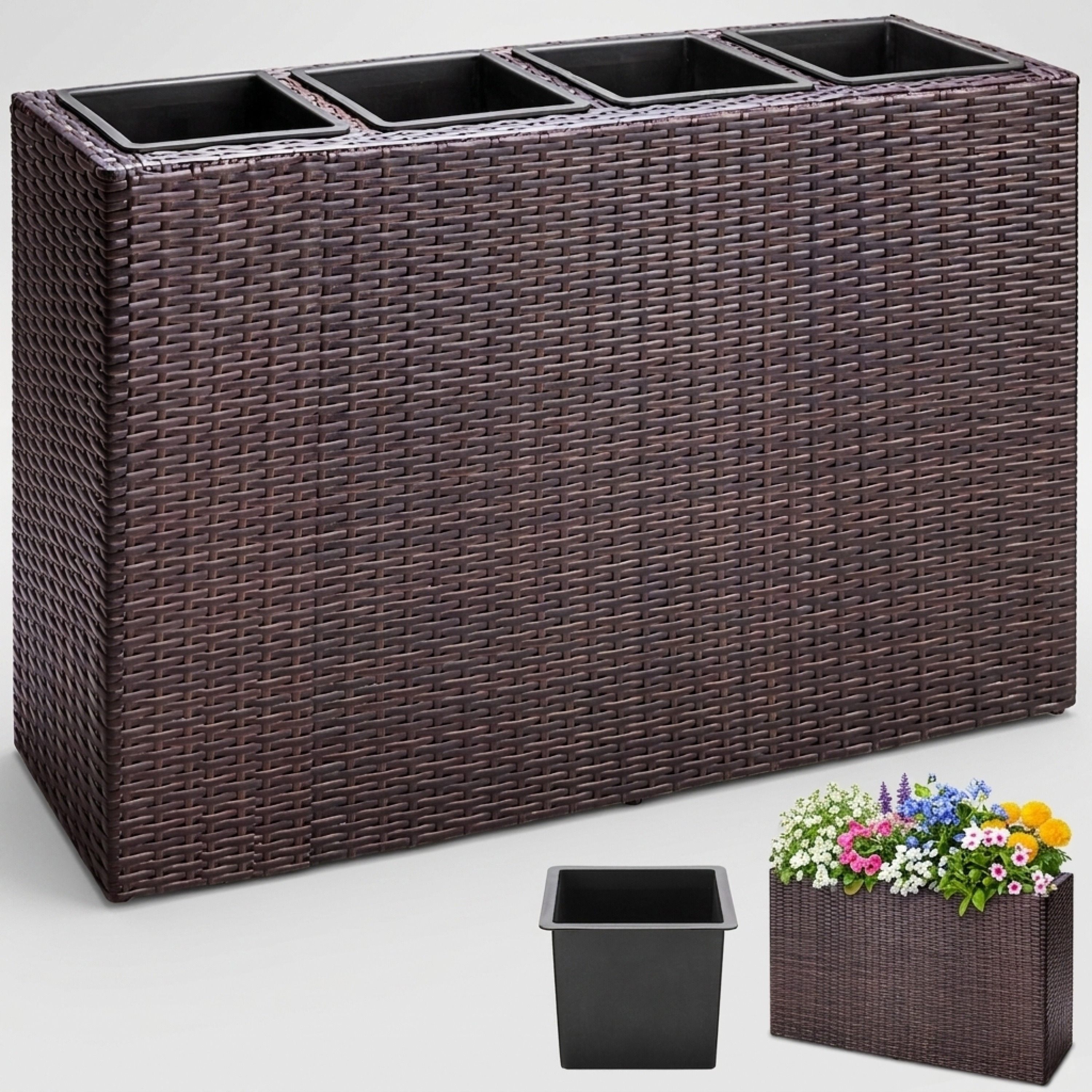 Image of Flower Box 4 Inner Pots Poly Rattan, Removable, Water Drainage, Brown, Outdoor, Weather-resistant, 95x27x60cm