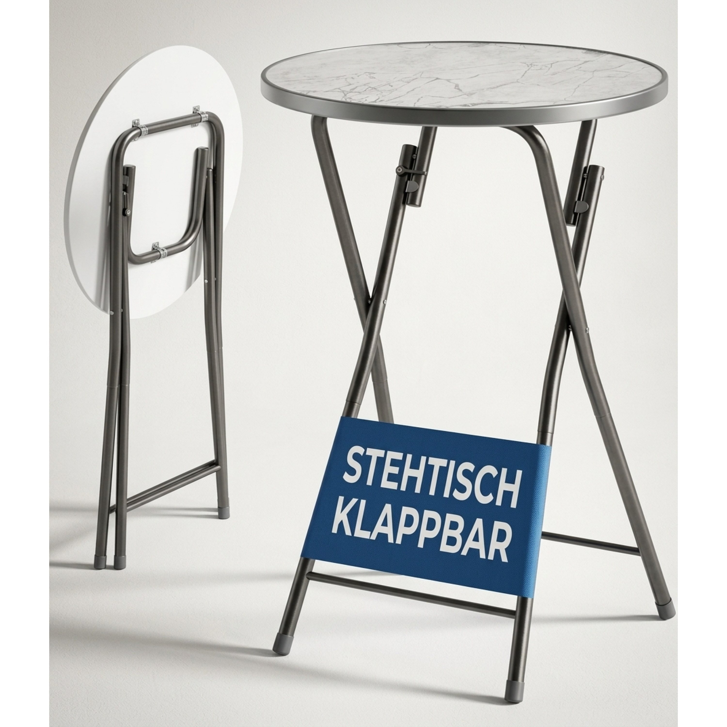 Image of 2-person Folding Table, White, 110cm, 60cm, Wood, Weather-resistant, Steel, Marble Look, Round, Party, , Garden Table, Folding Table, Bar