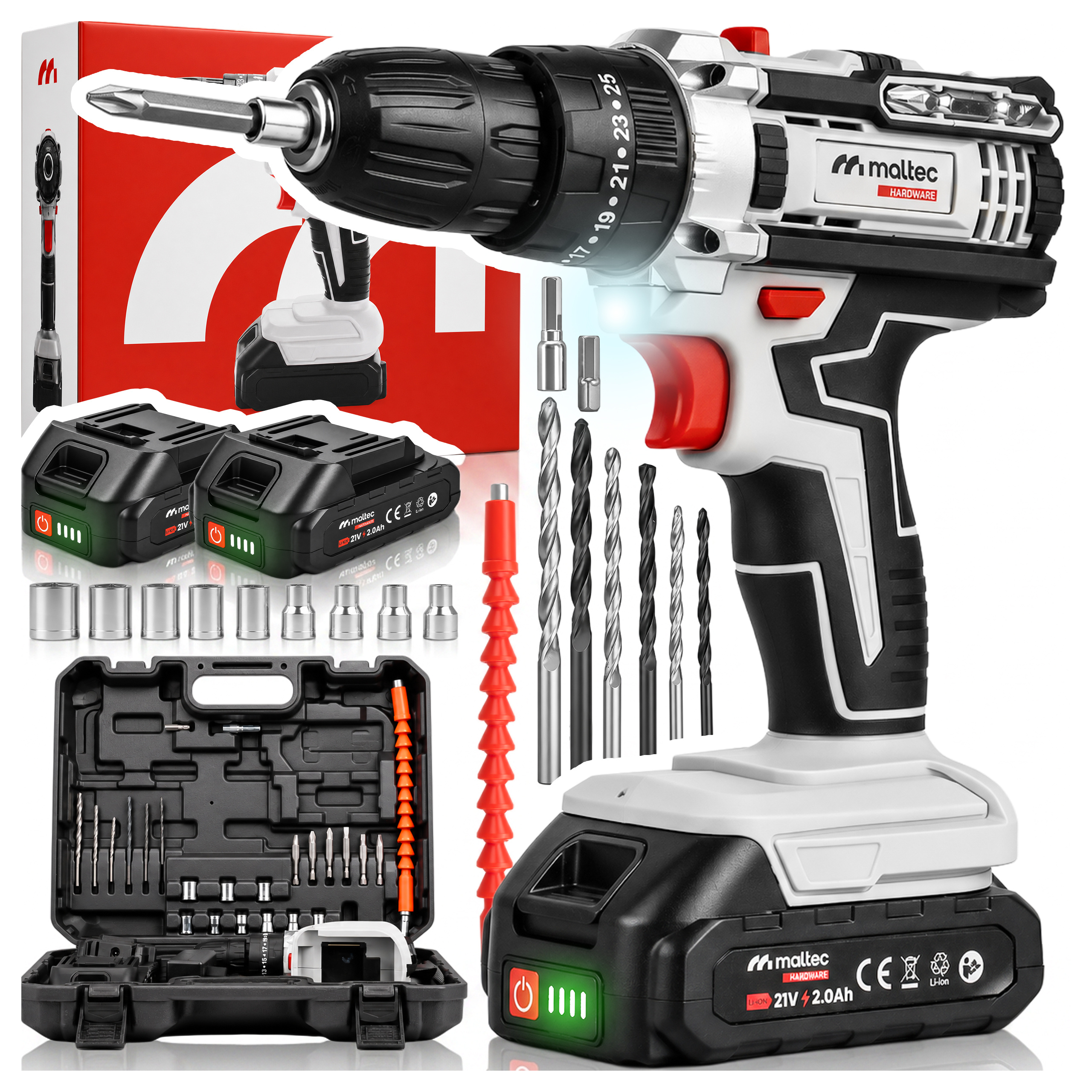Image of Impact Drill Screwdriver Cordless Case Large Set 2x Battery 21v