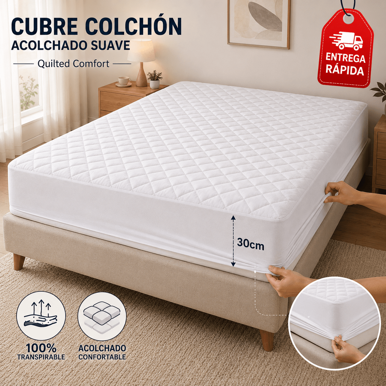 TEMU Protector de Colchón Acolchado y Transpirable, Ajustable con Bolsillo Profundo de 30 cm, y Silencioso, Lavable a Máquina, para Camas