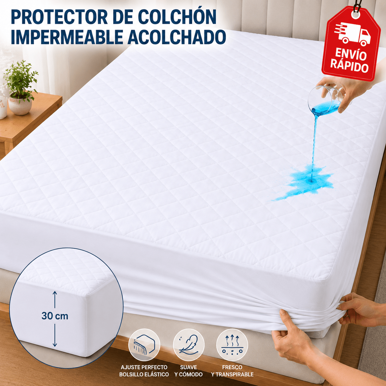 TEMU Protector de Colchón Impermeable Acolchado, Ajustable con Bolsillo Elástico de 30 cm, Cubrecolchón , Transpirable y Silencioso, Protección para