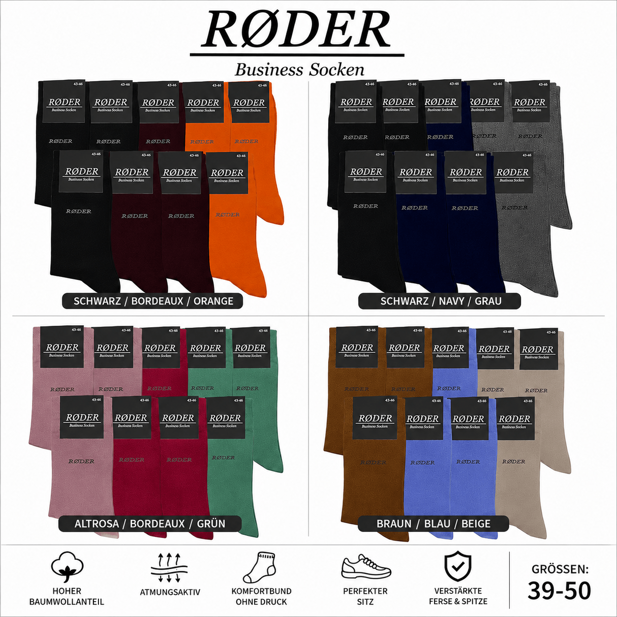 Røder Socks For Men 9 Pairs, Men's Socks, Suit Socks, Work Socks, Band Without Pressure, Breathable, Men's Socks, Sizes 39-50