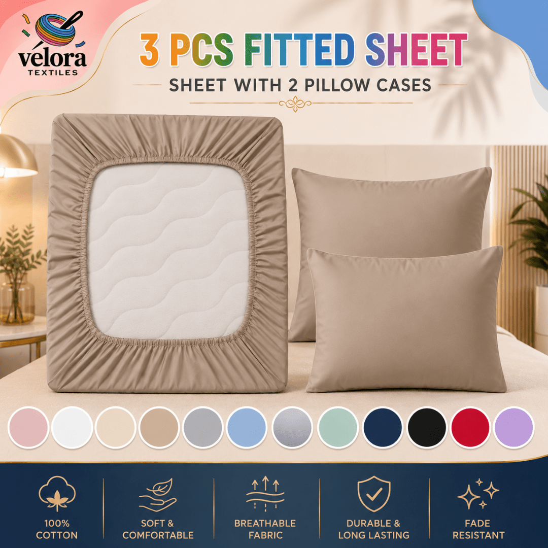 TEMU Velora Textile Pack Of 3 Sheet Set, Includes 1 Fitted Sheet & 2 Pillowcases, Bed Sheet Set For Single, Small Double, Double, King & Super King