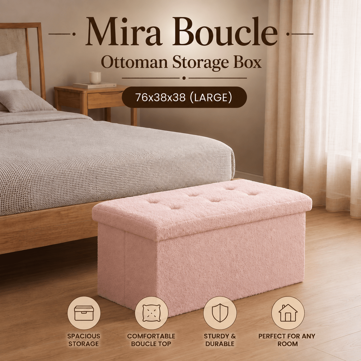 Mira Boucle Ottoman Storage Box, Upholstered Large Storage Bench