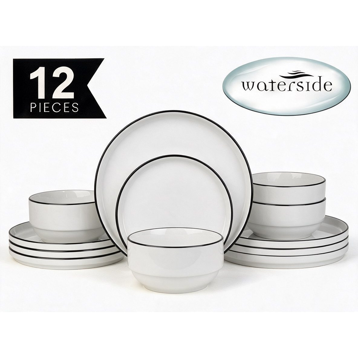 TEMU ** New ** Tweleve Pieces - 12pc Waterside White Porcelain Stackable Dinner Set With Black Rim; 4 Dinner Plates, And Bowls - Dishwasher &