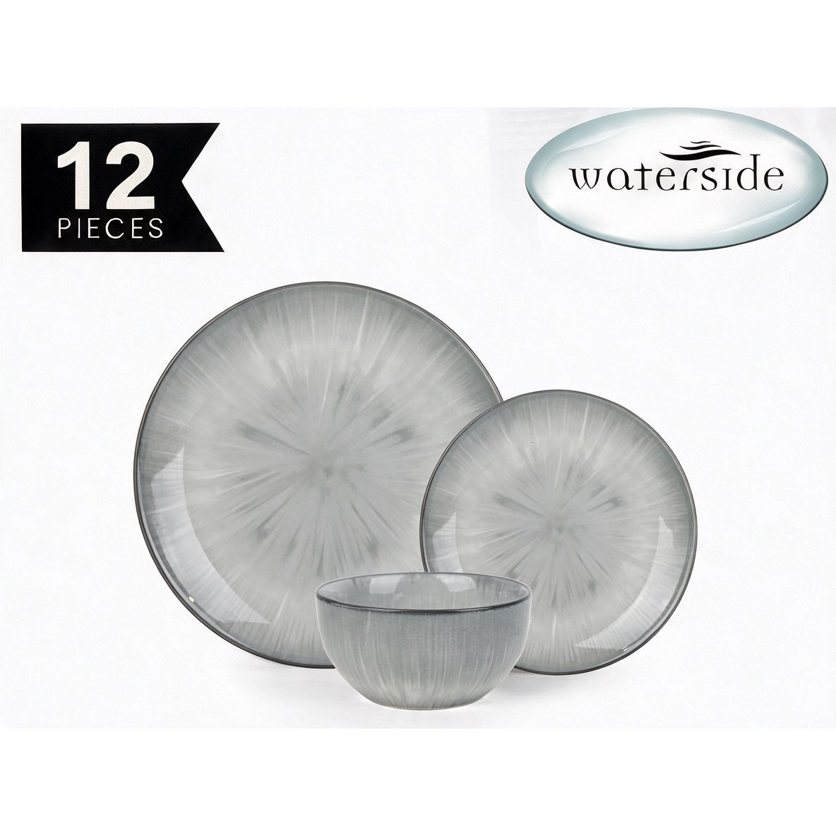 TEMU ** New ** 12pc Reactive Porcelain Dinner Set - 4 Dinner Plates, 4 & 4 Deep Bowls - Dishwasher & Microwave Safe