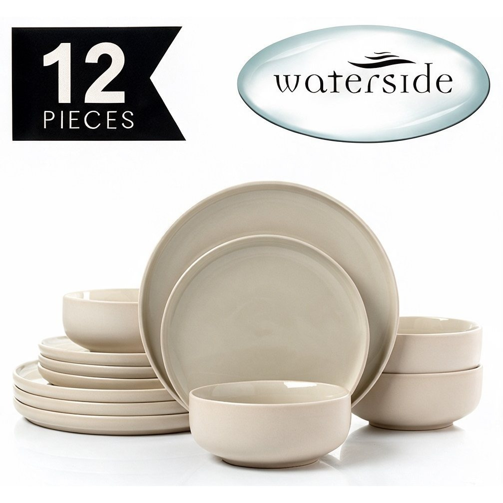 TEMU ** New ** Pieces - 12pc Waterside Stone And Cream Stoneware Dinner Set - 4 Dinner Plates, 4 & 4 Bowls - Dishwasher & Microwave Safe