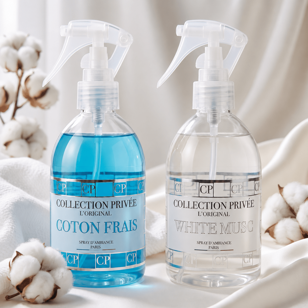 TEMU COLLECTION PRIVÉE COTONFRAIS 250ml et WHITE MUSC 250ml, 2 Sprays d’Ambiance aux de Coton , Musc Blanc et Notes Poudrées