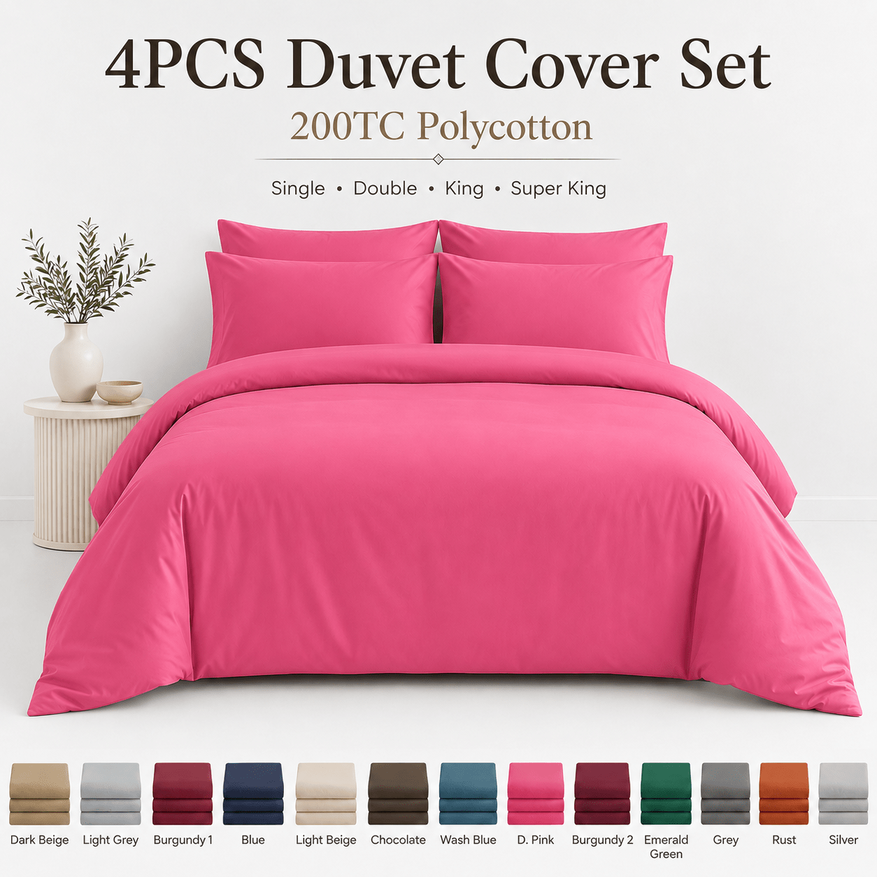 TEMU Plain 4pcs Bedding Set, 200tc Duvet Cover, Fitted Sheet & Pillowcases, Solid Dyed Colours, Single Double King Super King