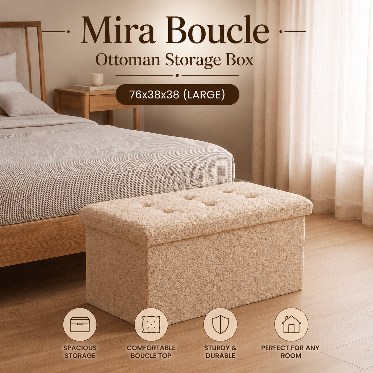 Mira Boucle Ottoman Storage Box, Upholstered Large Storage Bench